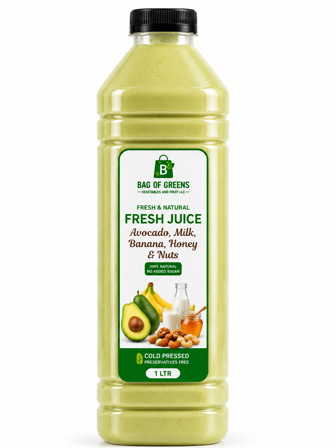 Avocado, milk, banana, honey and nuts